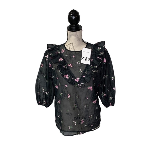 🛍Bundle sale🛍Zara M Chiffon Embroidered Ruffled Blouse floral sheer - Picture 4 of 8